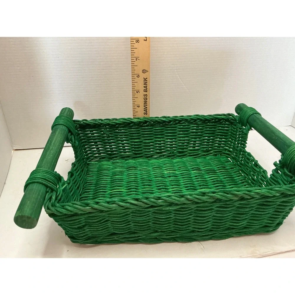 Green Wicker Basket Rectangular Wood Handles Storage Decor 10x8x4